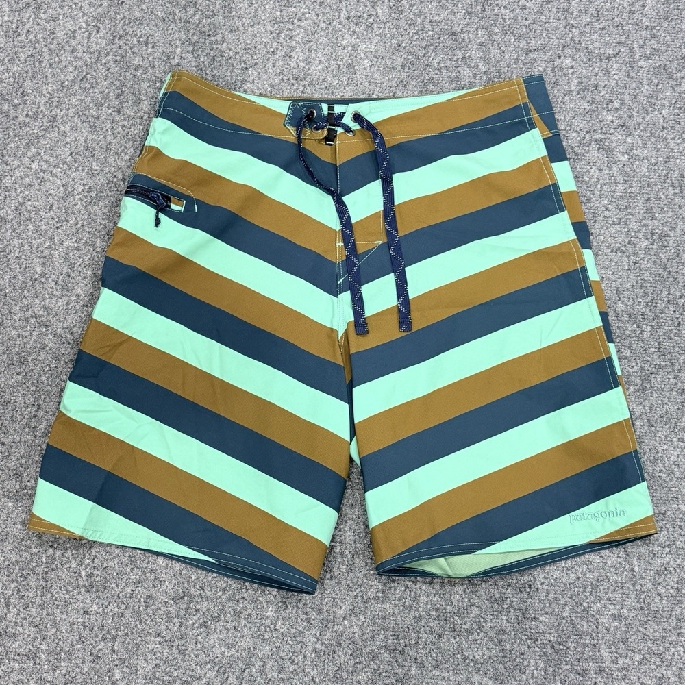 Patagonia Mens Striped Board Shorts Size 32 Teal Brown Blue Swim Trunks Ripstop